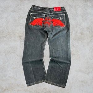 Raw Blue Jeans Mens 34x30 Black Y2K Skull Embroidered Baggy Wide Leg Grunge 00s